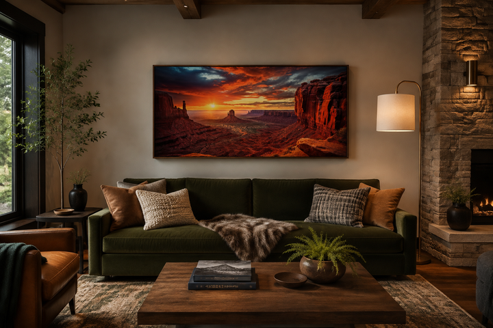 Monument Valley sunset framed canvas wall art above a green sofa in a rustic living room.