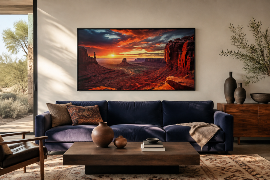 Monument Valley Sunset Framed Canvas Wall Art above a blue sofa in a modern living room.