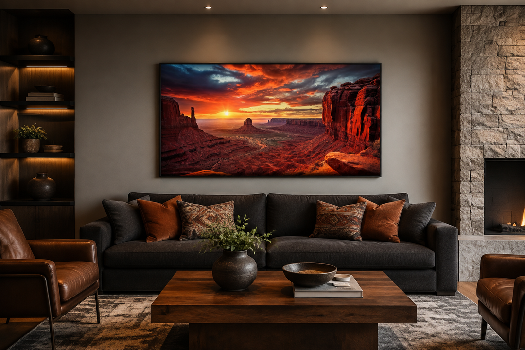 Monument Valley Sunset Framed Canvas Wall Art displayed above a sofa in a modern living room.