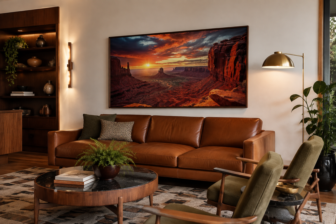 Monument Valley Sunset framed canvas wall art above a brown leather sofa in a modern living room.