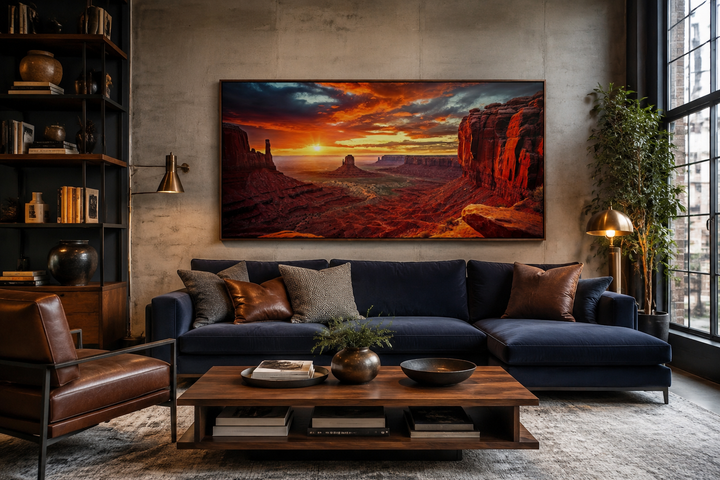 Monument Valley Sunset framed canvas wall art above a blue sofa in a modern living room.
