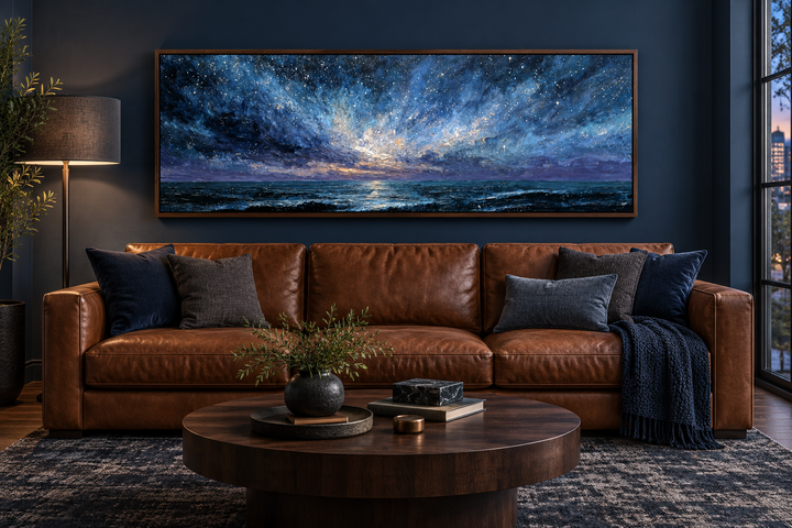 Panoramic blue and purple moody seascape painting in a walnut frame above a brown leather sofa.