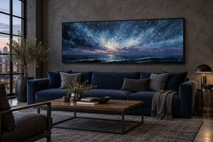 Panoramic blue navy and purple moody seascape canvas print in a modern dark living room setting.