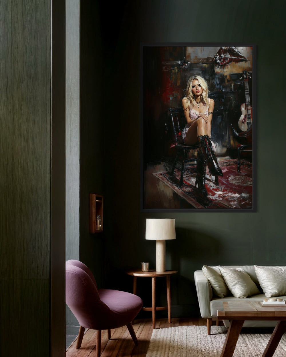 Moody Blonde Girl in Dark Room Framed Canvas Wall Art