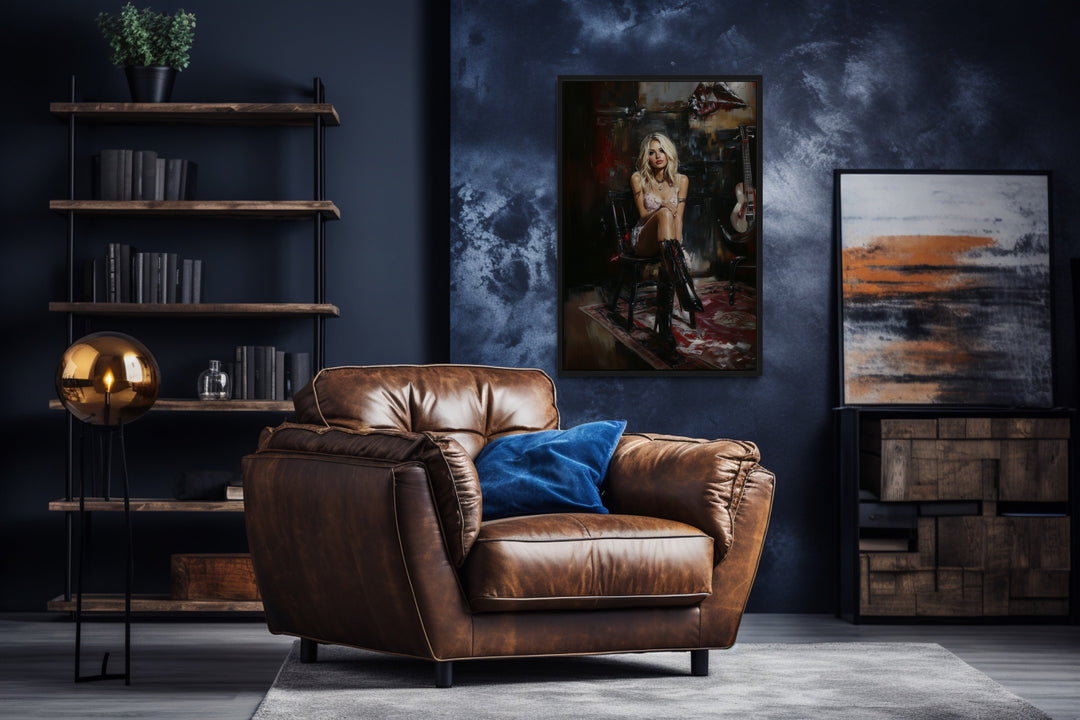 Moody Blonde Girl in Dark Room Framed Canvas Wall Art