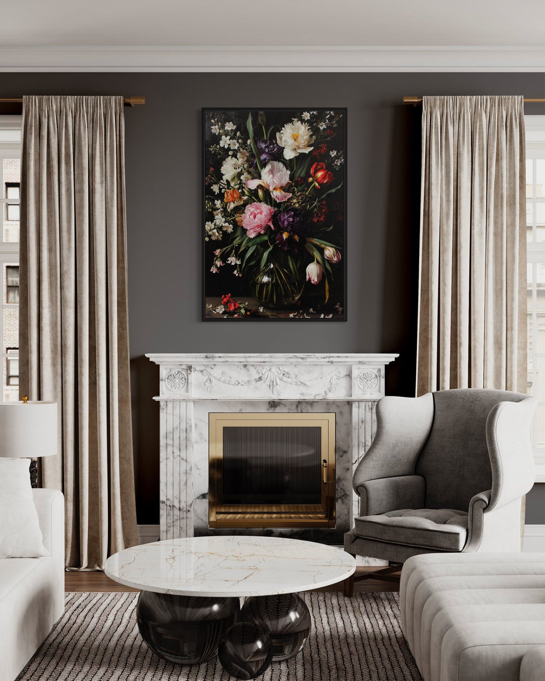 Framed canvas wall art featuring a dark academia floral arrangement.