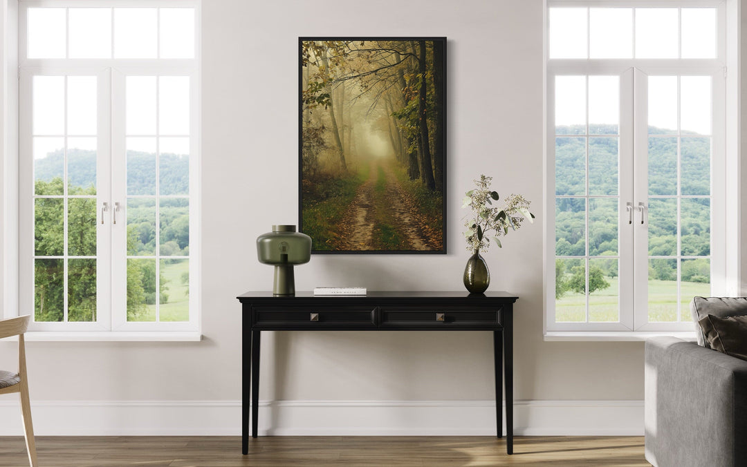 Moody Foggy Autumn Forest Framed Canvas Wall Art