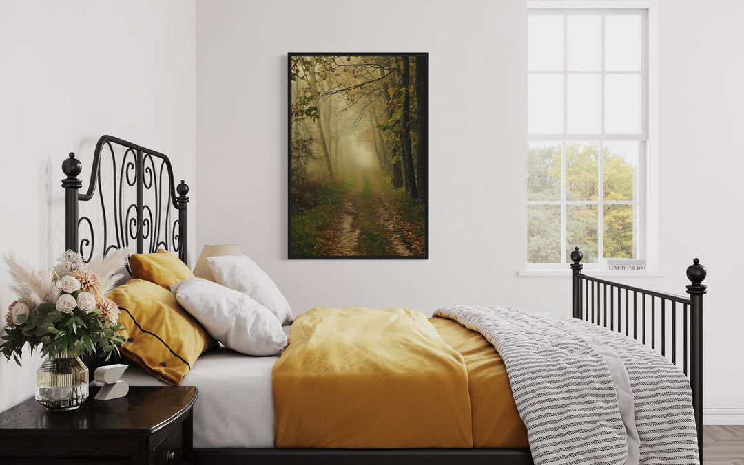 Moody Foggy Autumn Forest Framed Canvas Wall Art