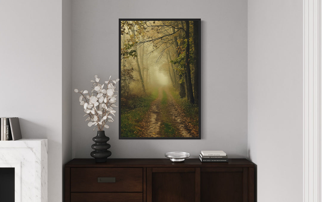 Moody Foggy Autumn Forest Framed Canvas Wall Art