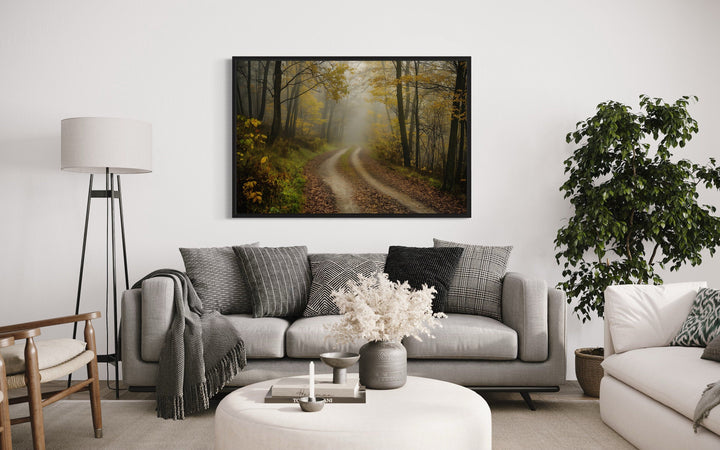 Moody Foggy Autumn Forest Framed Canvas Wall Art