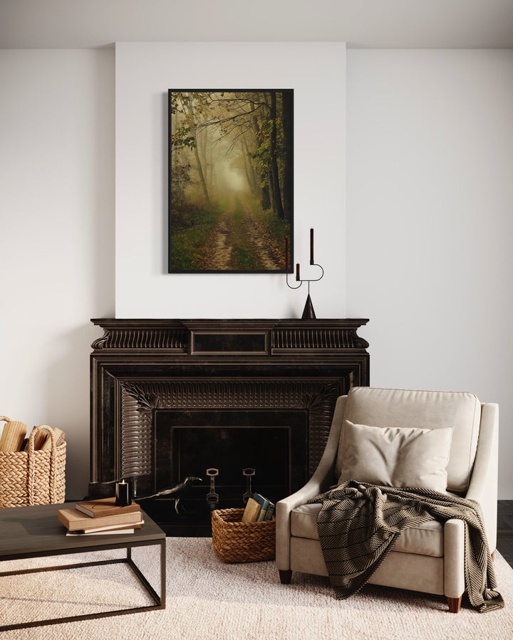 Moody Foggy Autumn Forest Framed Canvas Wall Art