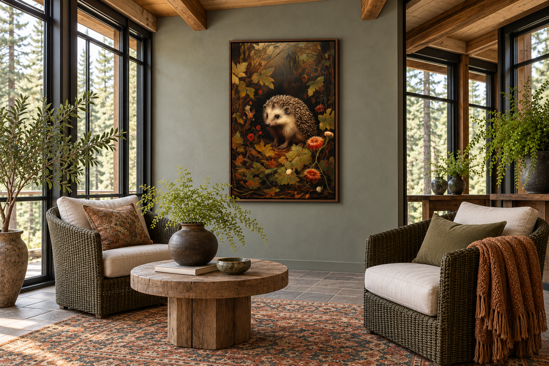Hedgehog in the forest framed canvas wall art displayed in a rustic, nature-inspired living room.