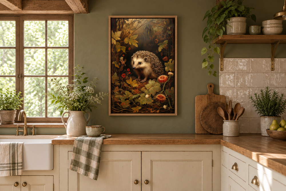 Framed canvas wall art of a hedgehog in a forest, displayed in a rustic kitchen setting.