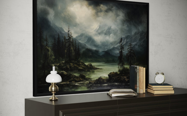 Moody Lake And Mountains Green Vintage Framed Canvas Wall Art