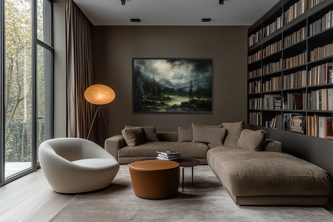 Moody Lake And Mountains Green Vintage Framed Canvas Wall Art