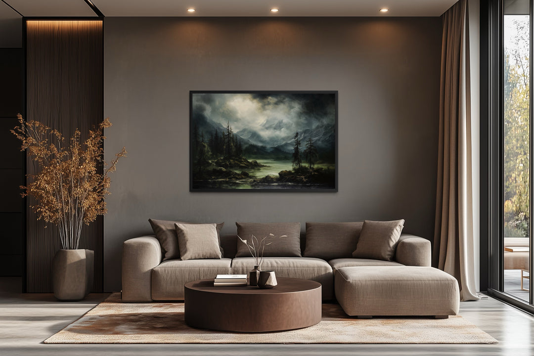 Moody Lake And Mountains Green Vintage Framed Canvas Wall Art
