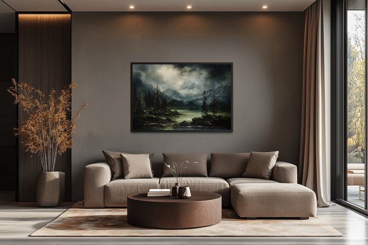 Moody Lake And Mountains Green Vintage Framed Canvas Wall Art