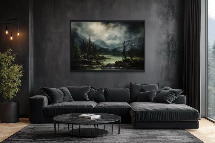 Moody Lake And Mountains Green Vintage Framed Canvas Wall Art