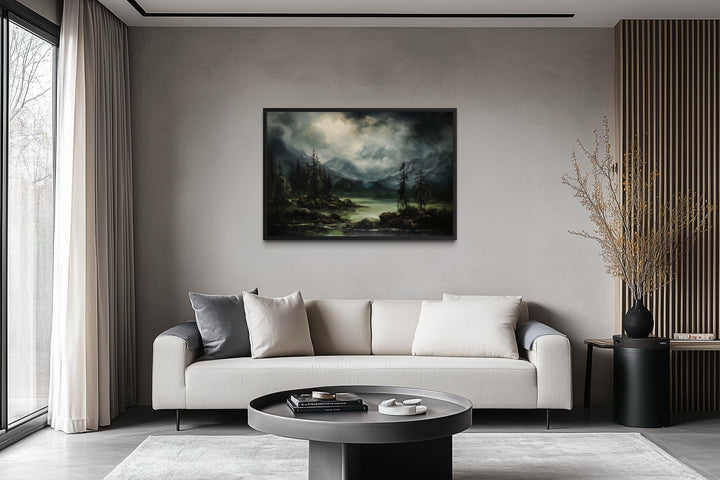 Moody Lake And Mountains Green Vintage Framed Canvas Wall Art