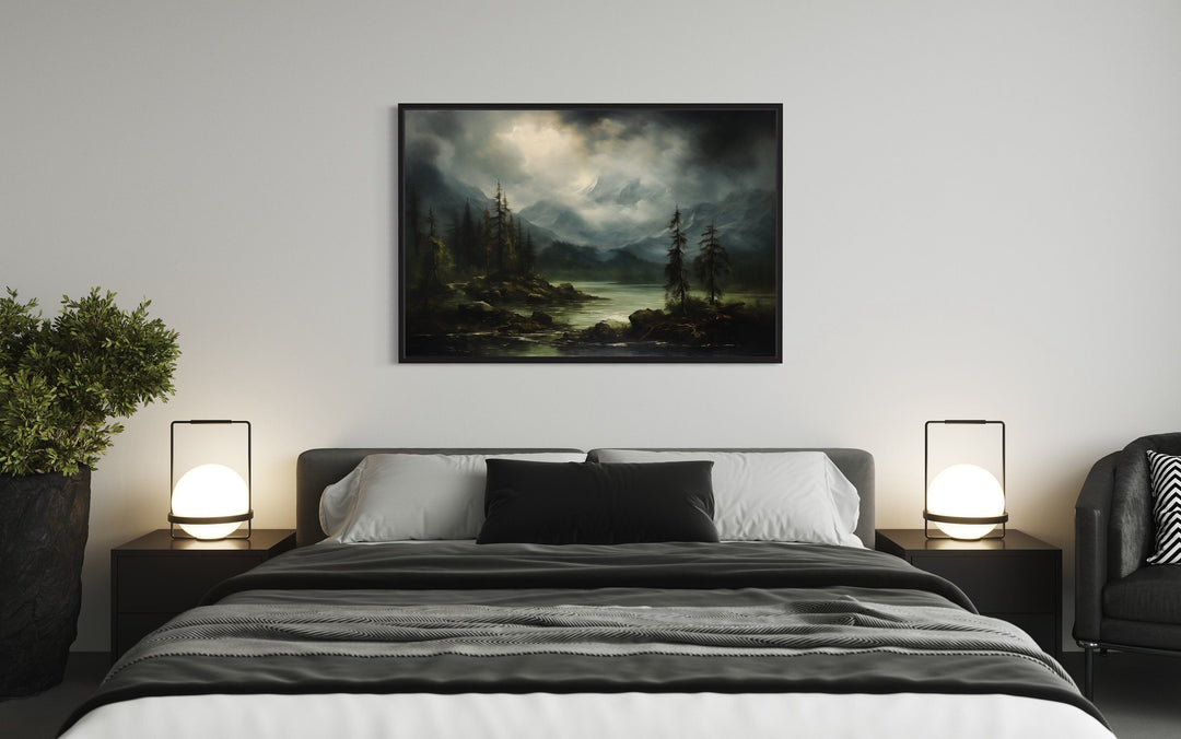 Moody Lake And Mountains Green Vintage Framed Canvas Wall Art