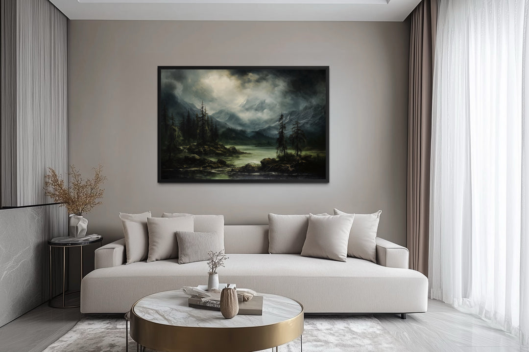 Moody Lake And Mountains Green Vintage Framed Canvas Wall Art