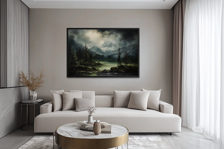 Moody Lake And Mountains Green Vintage Framed Canvas Wall Art
