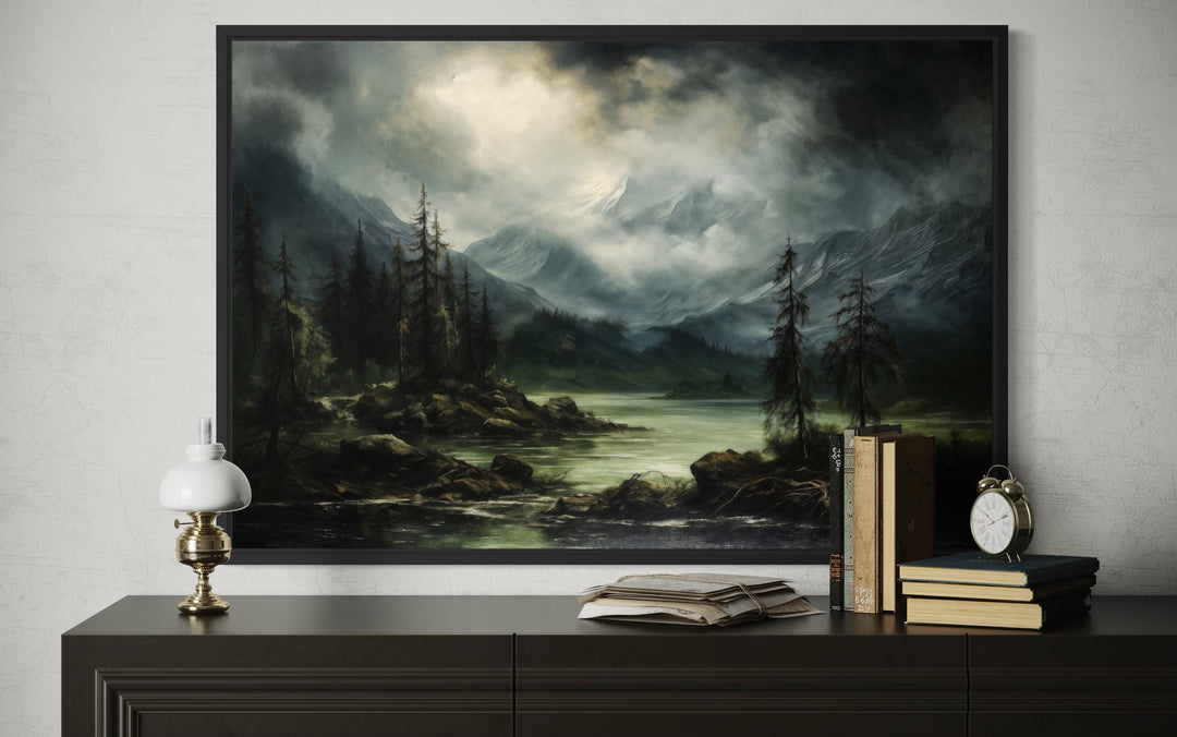 Moody Lake And Mountains Green Vintage Framed Canvas Wall Art