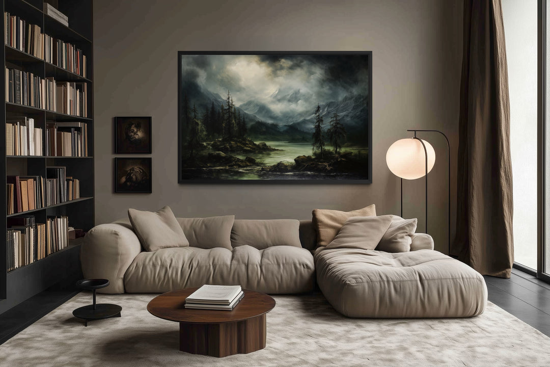 Moody Lake And Mountains Green Vintage Framed Canvas Wall Art