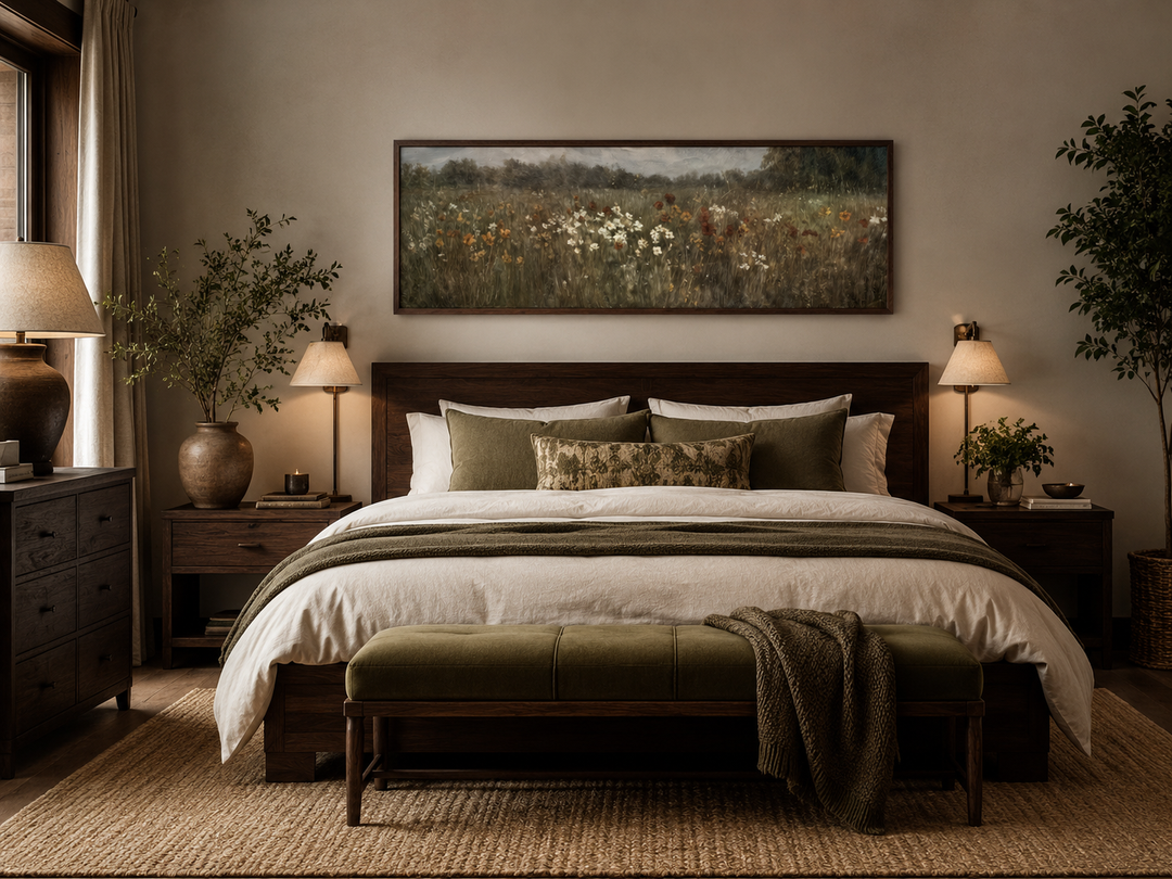 Moody muted wildflower field long horizontal canvas art hanging above a bed in a rustic bedroom.