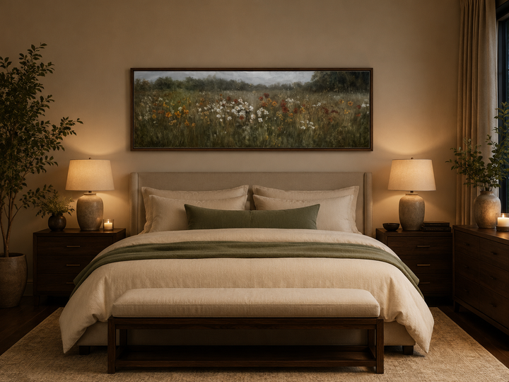 Moody muted wildflower field long horizontal canvas art hanging above a bed in a neutral bedroom.