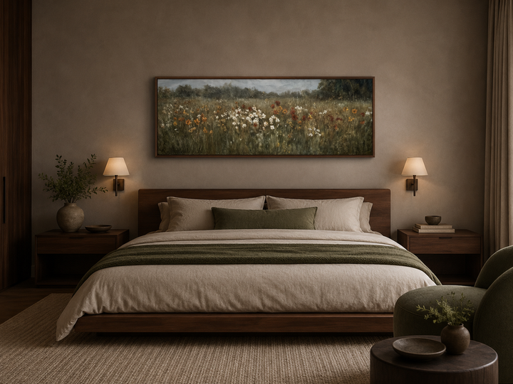 Moody muted wildflower field horizontal canvas art hanging above a bed in a neutral bedroom.