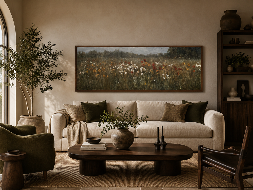 Moody muted wildflower field long horizontal canvas art above a cream sofa in a rustic living room.