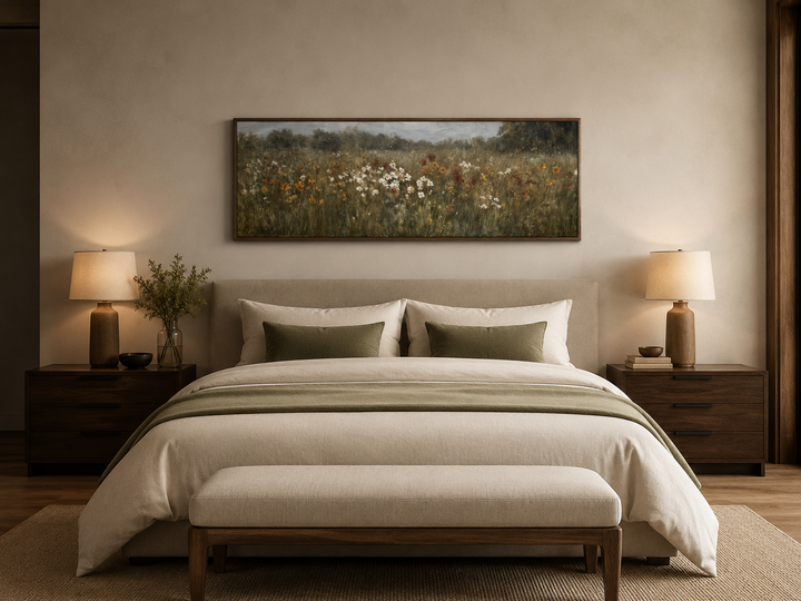 Moody muted wildflowers field long horizontal canvas art above a bed in a neutral bedroom.