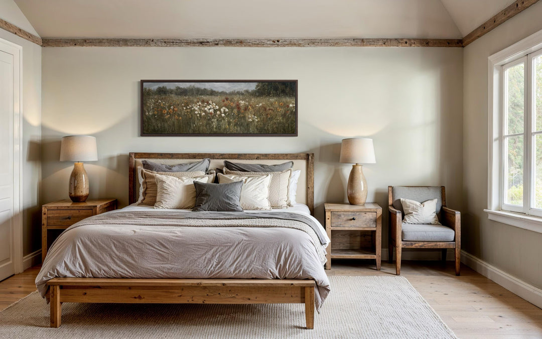 A long horizontal canvas of a muted wildflower field hangs above a wooden bed in a neutral bedroom.