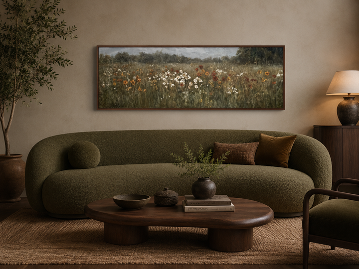 Moody muted wildflower field long horizontal canvas art above a green sofa in a neutral room.