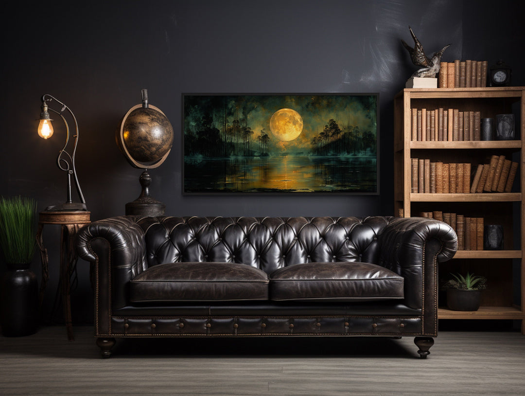 Moody Night Lake Art – Gothic Wall Decor | Full Yellow Moon Canvas Print