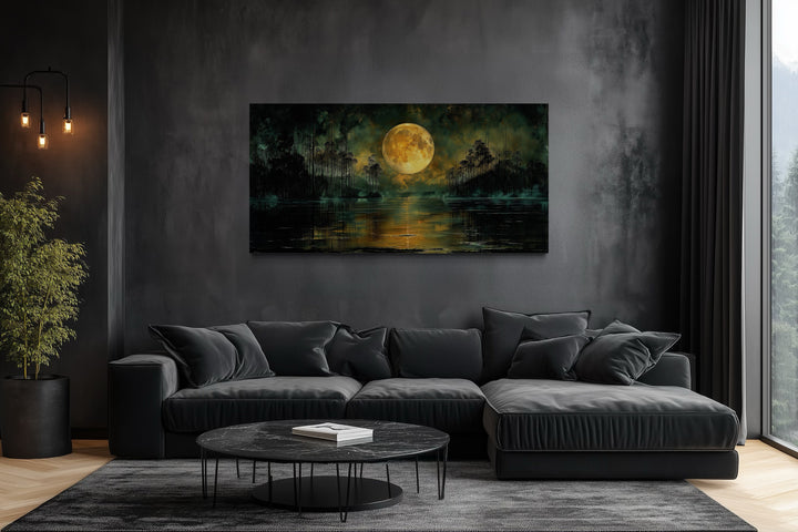 Moody Night Lake Art – Gothic Wall Decor | Full Yellow Moon Canvas Print