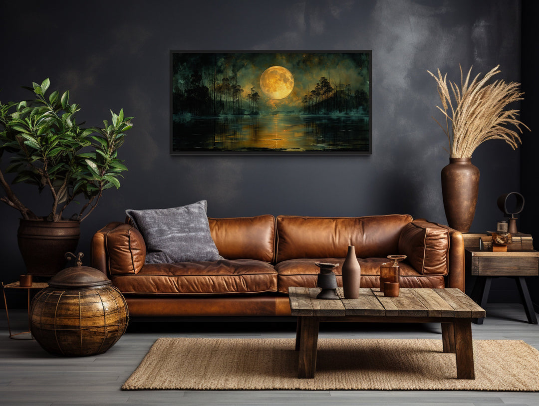 Moody Night Lake Landscape Under Full Yellow Moon Halloween Wall Art