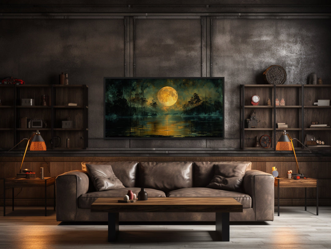 Moody Night Lake Landscape Under Full Yellow Moon Halloween Wall Art