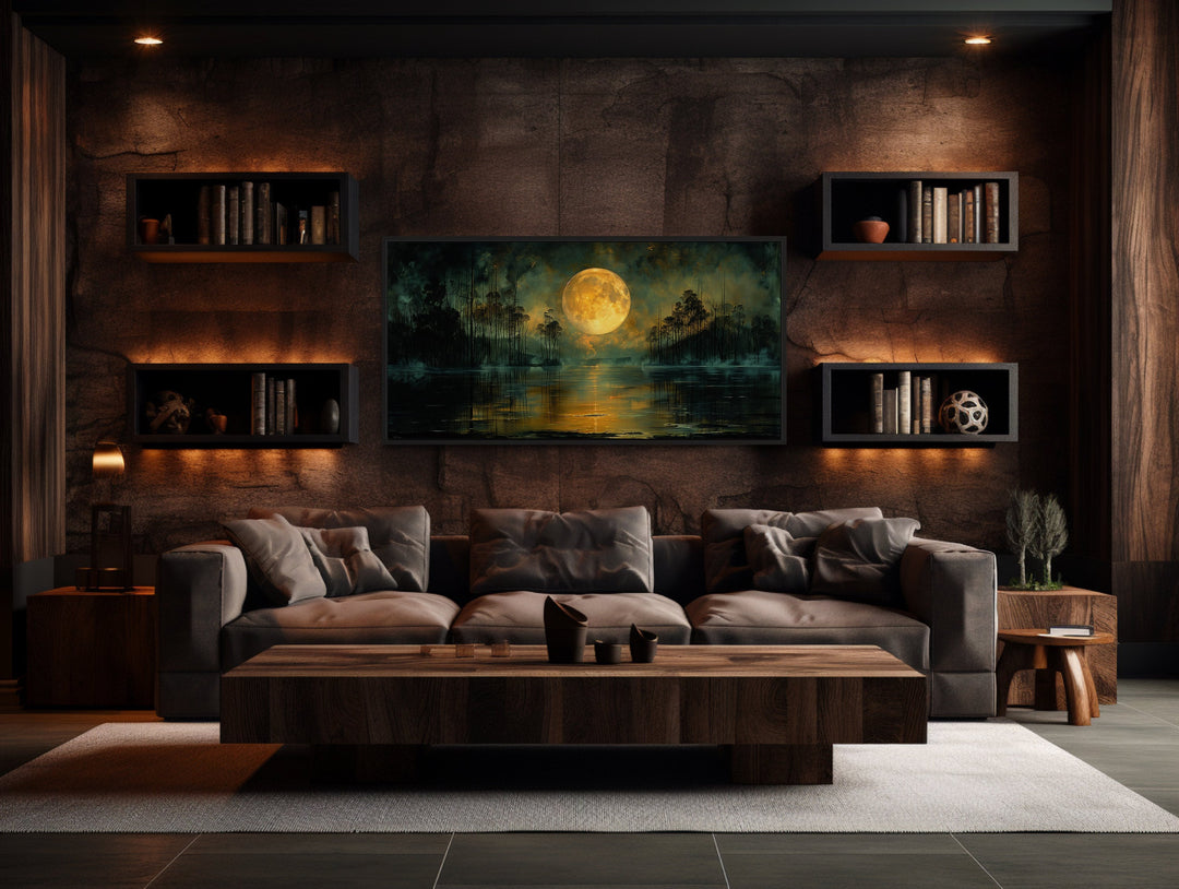 Moody Night Lake Landscape Under Full Yellow Moon Halloween Wall Art