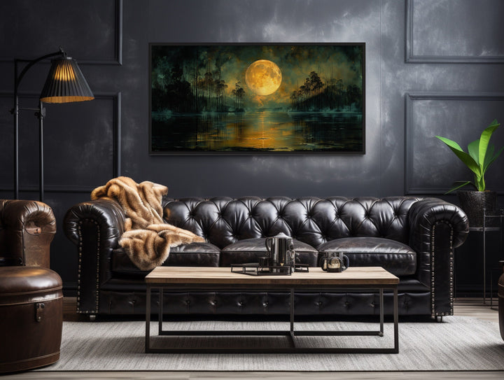 Moody Night Lake Landscape Under Full Yellow Moon Halloween Wall Art