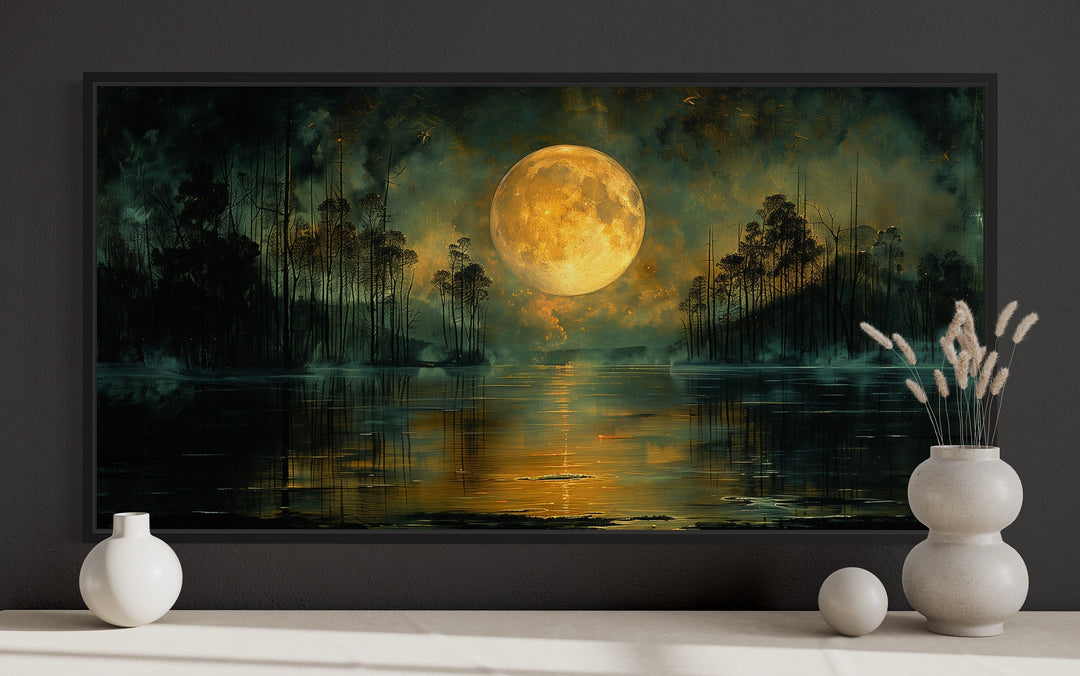 Moody Night Lake Landscape Under Full Yellow Moon Halloween Wall Art