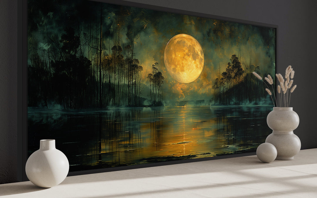 Moody Night Lake Landscape Under Full Yellow Moon Halloween Wall Art