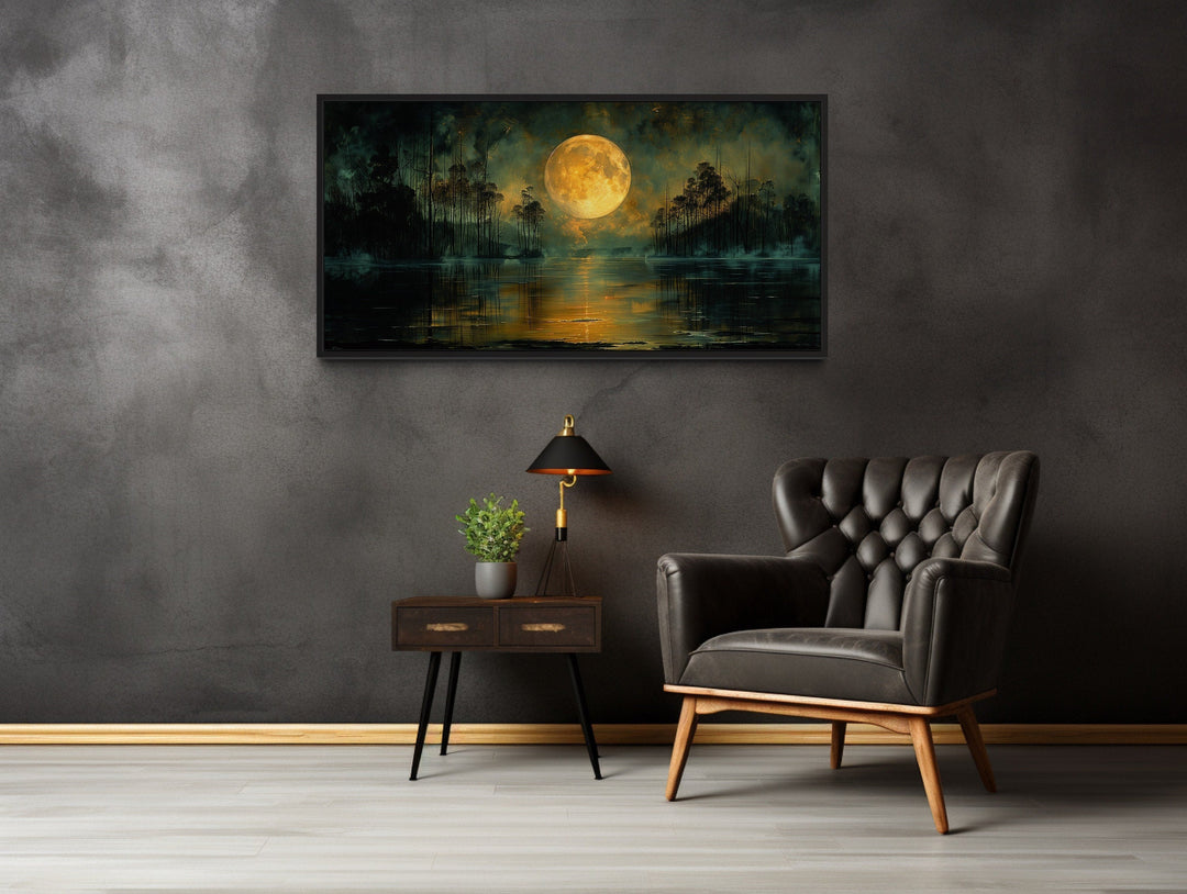 Moody Night Lake Landscape Under Full Yellow Moon Halloween Wall Art