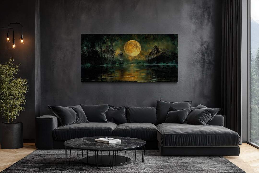 Moody Night Lake Landscape Under Full Yellow Moon Halloween Wall Art