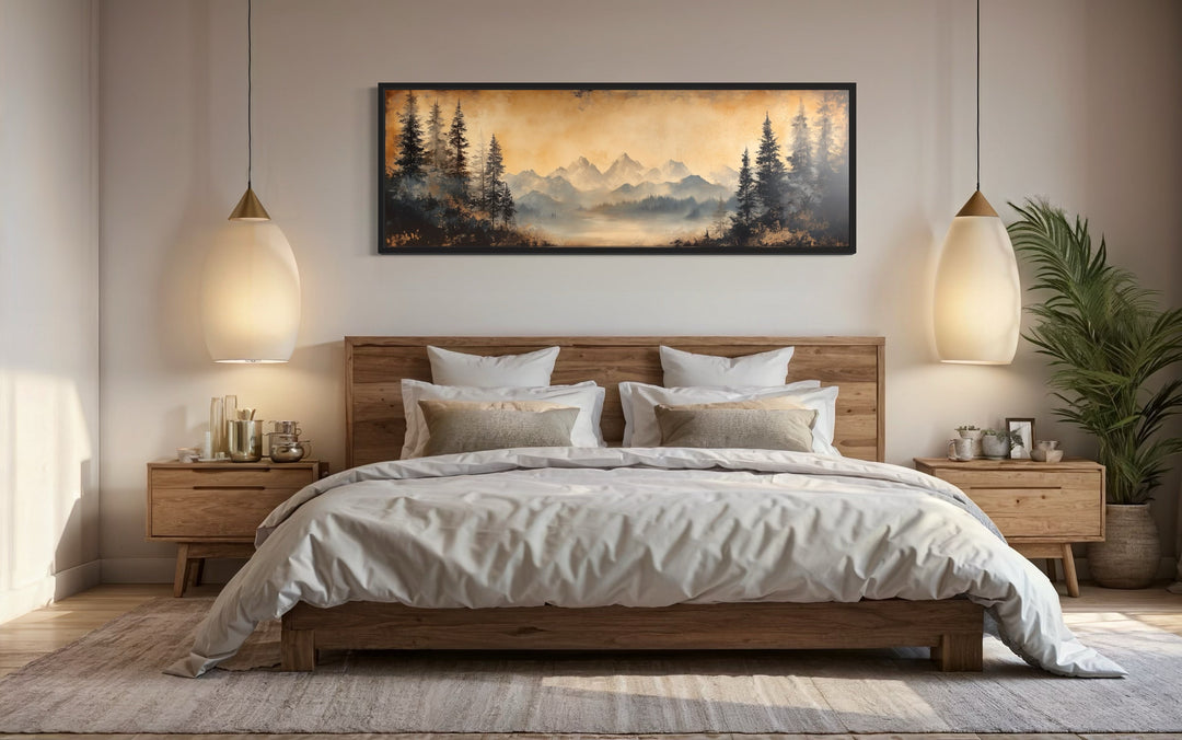 Moody Orange Mountain Lake Landscape Long Horizontal Above Bed Framed Canvas Wall Art