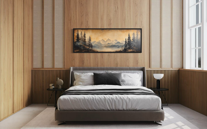 Moody Orange Mountain Lake Landscape Long Horizontal Above Bed Framed Canvas Wall Art