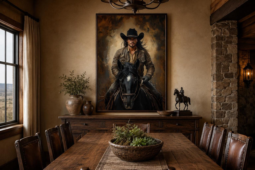 Moody Western wall art of a cowboy on a black horse in a rustic dining room setting.