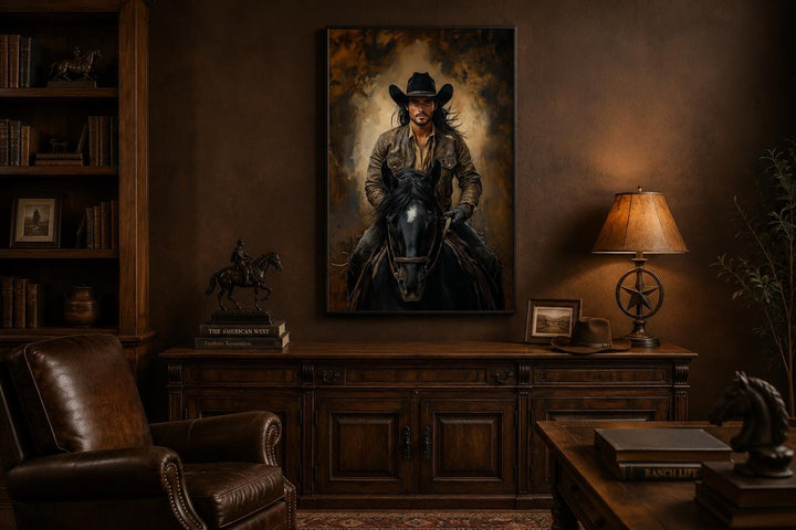 Moody canvas wall art of a cowboy on a black horse in warm golden light, hung in a rustic study.