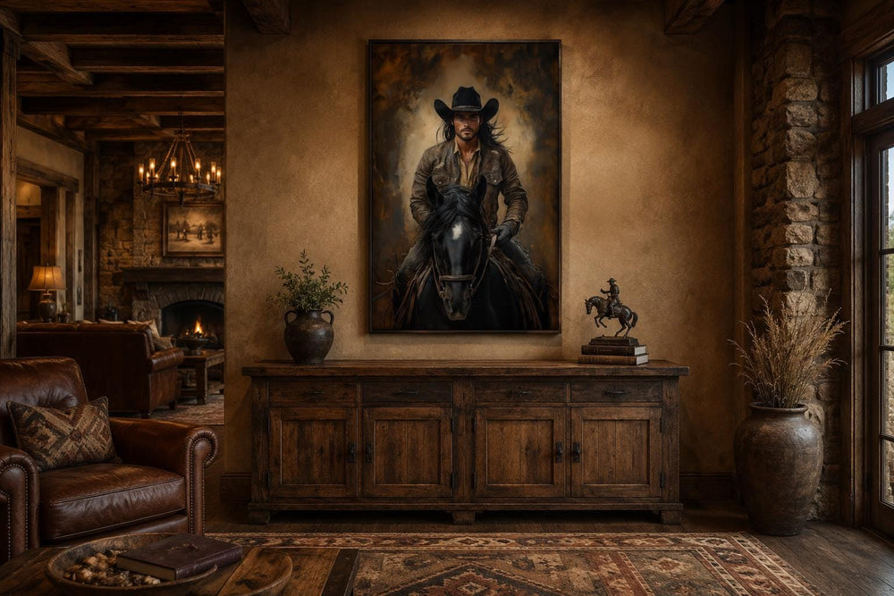 Moody portrait of a cowboy riding a black horse in warm golden light, western canvas wall art.